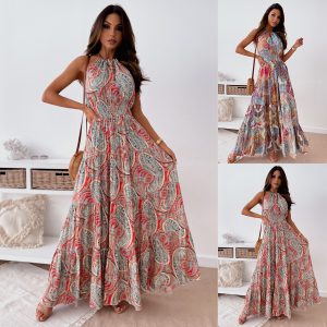 New Fashion Sexy Floral Halter Dress Bohemian Long Skirt