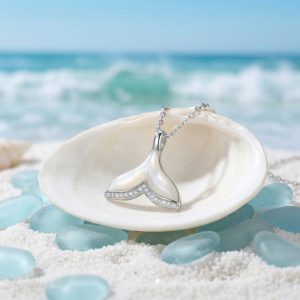925 Sterling Silver Elegant Silver Whale Tail Necklace with Mother-of-Pearl and Sparkling Accents