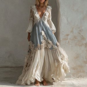 Retro Bohemian Rose Embroidered Linen Loose-Fit Long Dress