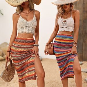 Bohemian Stretch Knit Jacquard Vacation-style Slit Skirt
