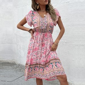 V-Neck Print Dress Summer Casual Bohemian Bellflower Skirt