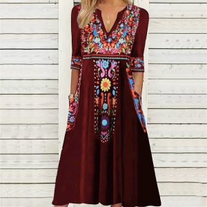 Pocket Bohemian Printed 34 Sleeves Dress Women
