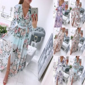 Long Sleeve Chiffon Printed Bohemian Dress Women