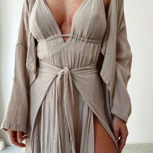 Linen Wrap Bohemian Backless Slit Two-piece Dress