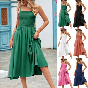Women's Square Collar Pleating Bohemian Strap Dress