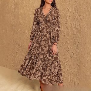 Women's Floral Print Bohemian V-neck Lace Dress