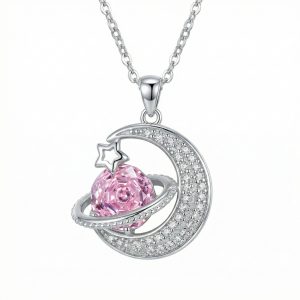 925 Sterling Silver Sparkling Silver Crescent Moon and Pink Crystal Planet Pendant Necklace