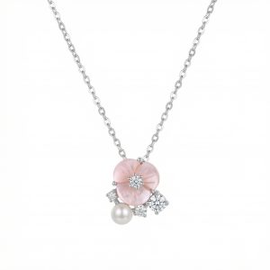 925 Sterling Silver Exquisite Sterling Silver Necklace with Pink Shell Flower, Pearl, and Shimmering Crystal Accents