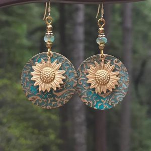 Bohemian Color Separation Double Sunflower Delicate Pattern Earrings