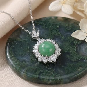 925 Sterling Silver Elegant Green Jade Cabochon and Sparkling Crystal Halo Pendant Necklace