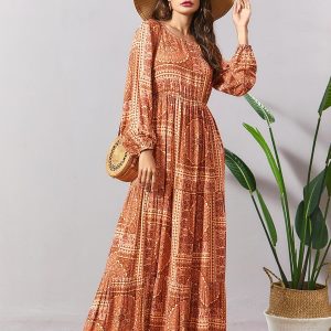 Printed pleated bohemian dress
