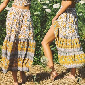Elastic Waist Printed Maxi Skirt
