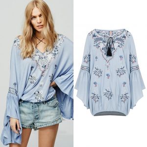 Women's Bohemian V-neck Lace-up Embroidered Top