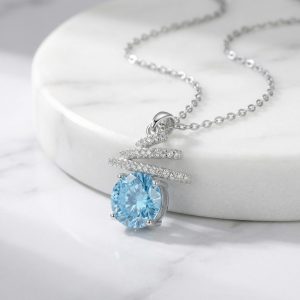 925 Sterling Silver Elegant Round Light Blue Topaz and Sterling Silver Spiral Ribbon Pendant Necklace