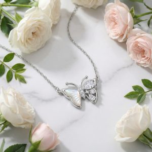 925 Sterling Silver Elegant Butterfly Necklace with Mother-of-Pearl and Sparkling Stones