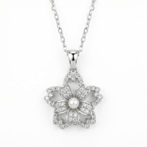 925 Sterling Silver Elegant Silver Cherry Blossom Flower Pendant Necklace with Center Pearl