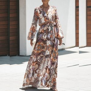 Long Sleeve Bohemian Print Dress