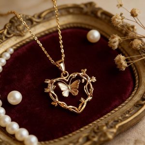 Forest Style Heart Shaped Butterfly Vine Necklace