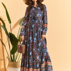 Long sleeve pleated bohemian dress