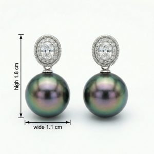 925 Sterling Silver Elegant Tahitian Black Pearl and Oval Diamond Halo Drop Earrings in White Precious Metal