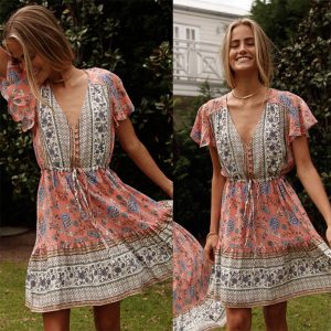 V-neck Short Sleeve Bohemian Dress