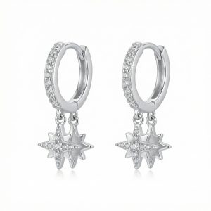 925 Sterling Silver Celestial Star Dangle Hoop Earrings in Sterling Silver with Sparkling Accents