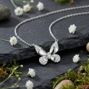 925 Sterling Silver Elegant Sterling Silver Butterfly Pendant Necklace with Round Cut Diamonds