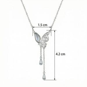 925 Sterling Silver Elegant Silver Butterfly Necklace with Iridescent Wing and Teardrop Charms