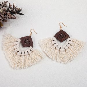Hand-woven Earrings Macrame Wooden Original Ecological Tassel