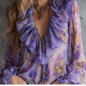 Butterfly Print Ruffle Blouse