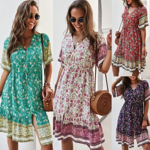 V-neck Bohemian Print Holiday Dress