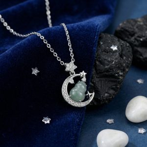 925 Sterling Silver Celestial Crescent Moon and Star Necklace with Green Jade Gourd Pendant