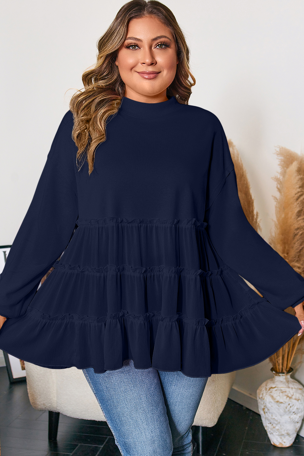 Pink Tiered Ruffle Ribbed Crew Neck Pullover Plus Size Top - Image 6