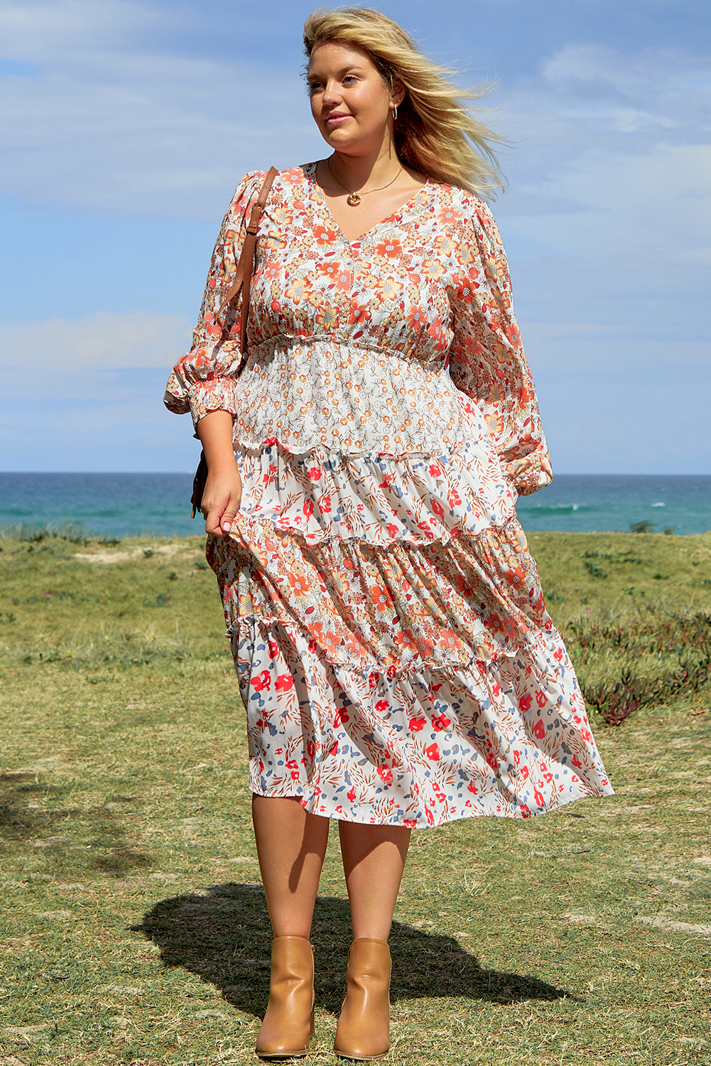 Khaki Plus Size Floral Tiered Ruffle Maxi Dress - Image 8