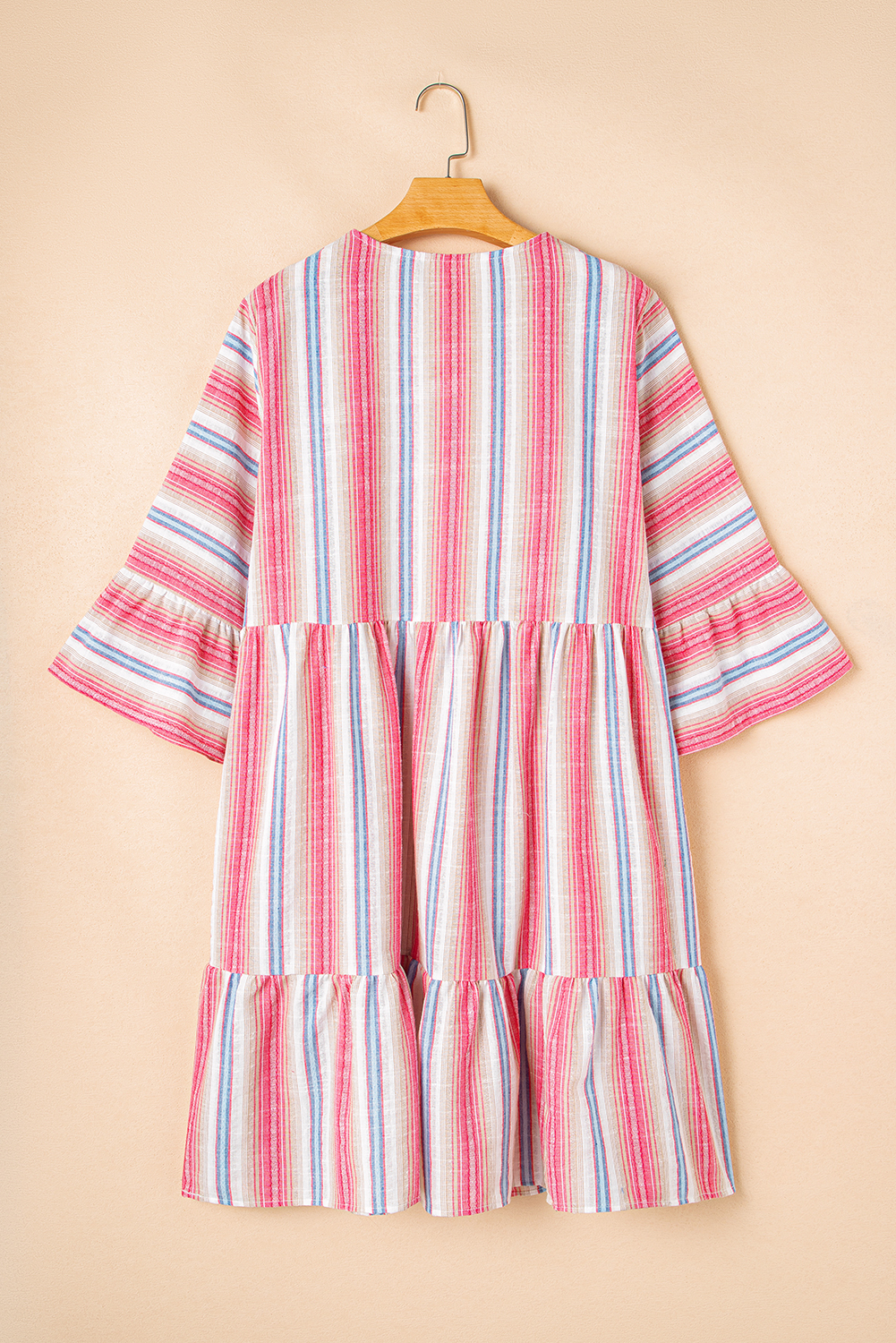 White Stripe Plus Size Embroidered Detail Flared 3/4 Sleeve V Neck Dress - Image 7