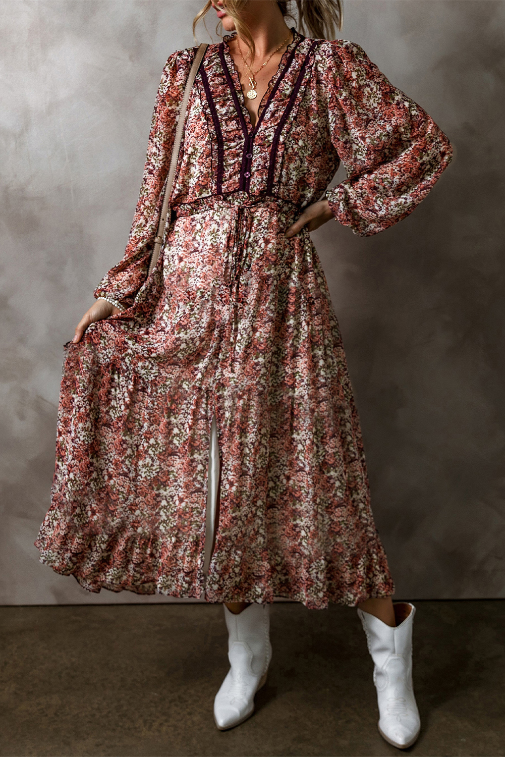 Brown Floral Print Split Front Tiered Frilled V Neck Midi Dress - Image 3