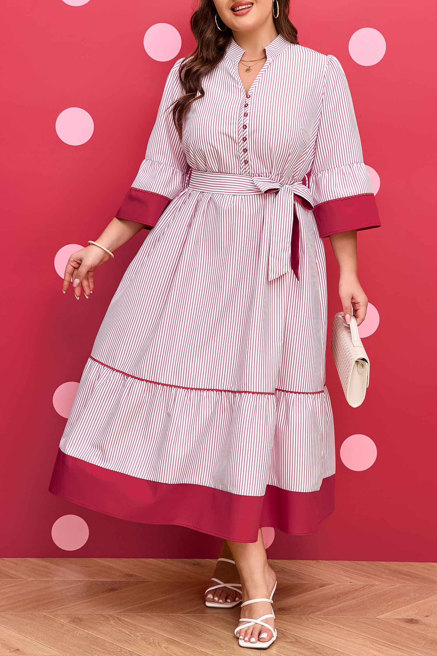 Red Stripe Plus Size Ruffled Hem Pinstriped Midi Dress - Image 8