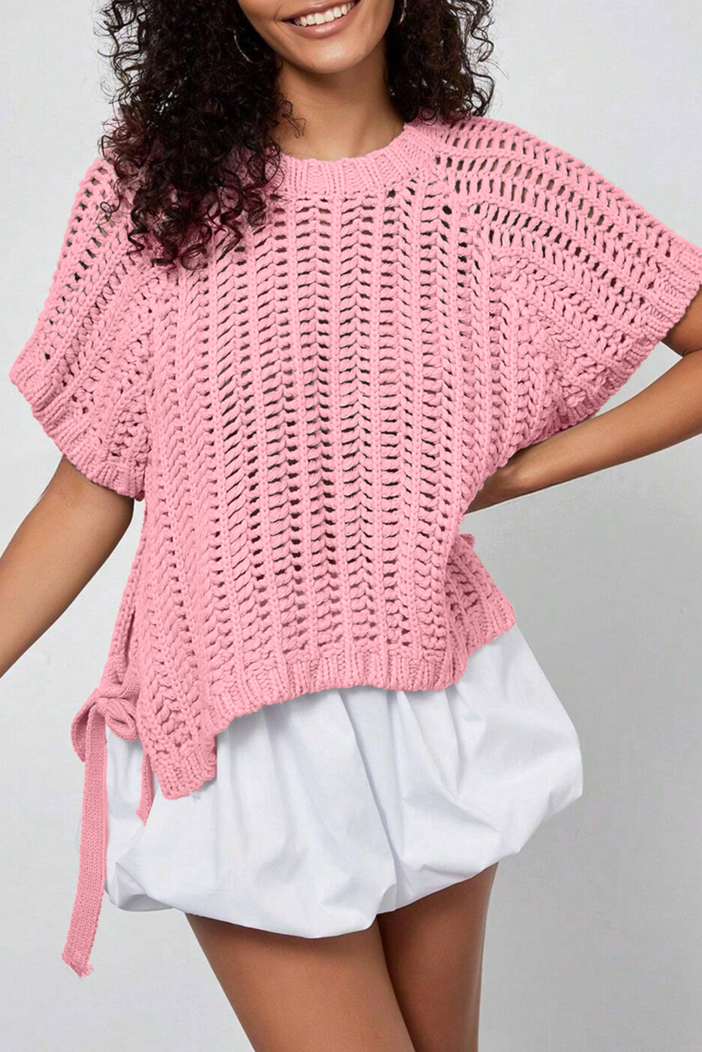 Ashleigh Blue Plus Size Open Knit Bow Tie Short Sleeve Sweater - Image 7