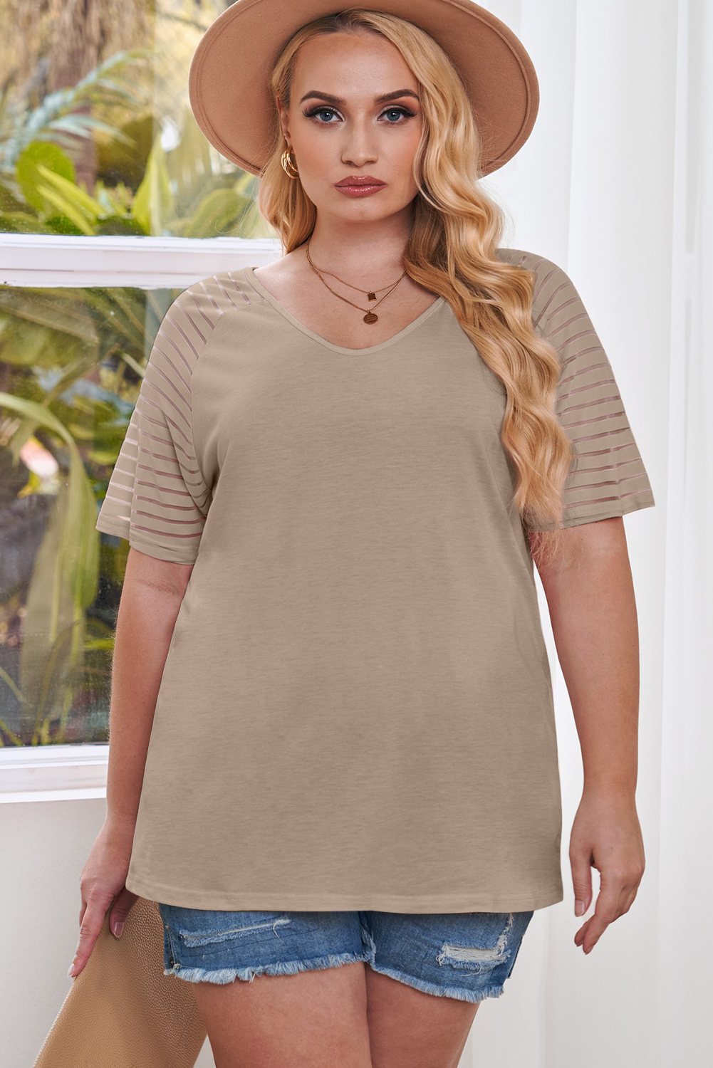 Khaki Striped Raglan Sleeve Plus Size Tee - Image 5
