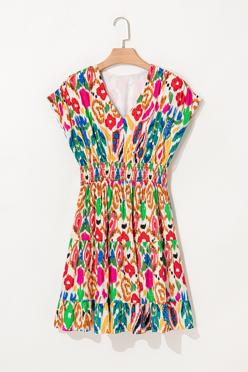 Sky Blue Abstract Print V Neck Dolman Sleeve Ruffle Tiered Mini Dress - Image 8