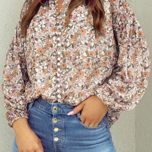 Orange Bohemian Floral Puff Sleeve Full Button Shirt