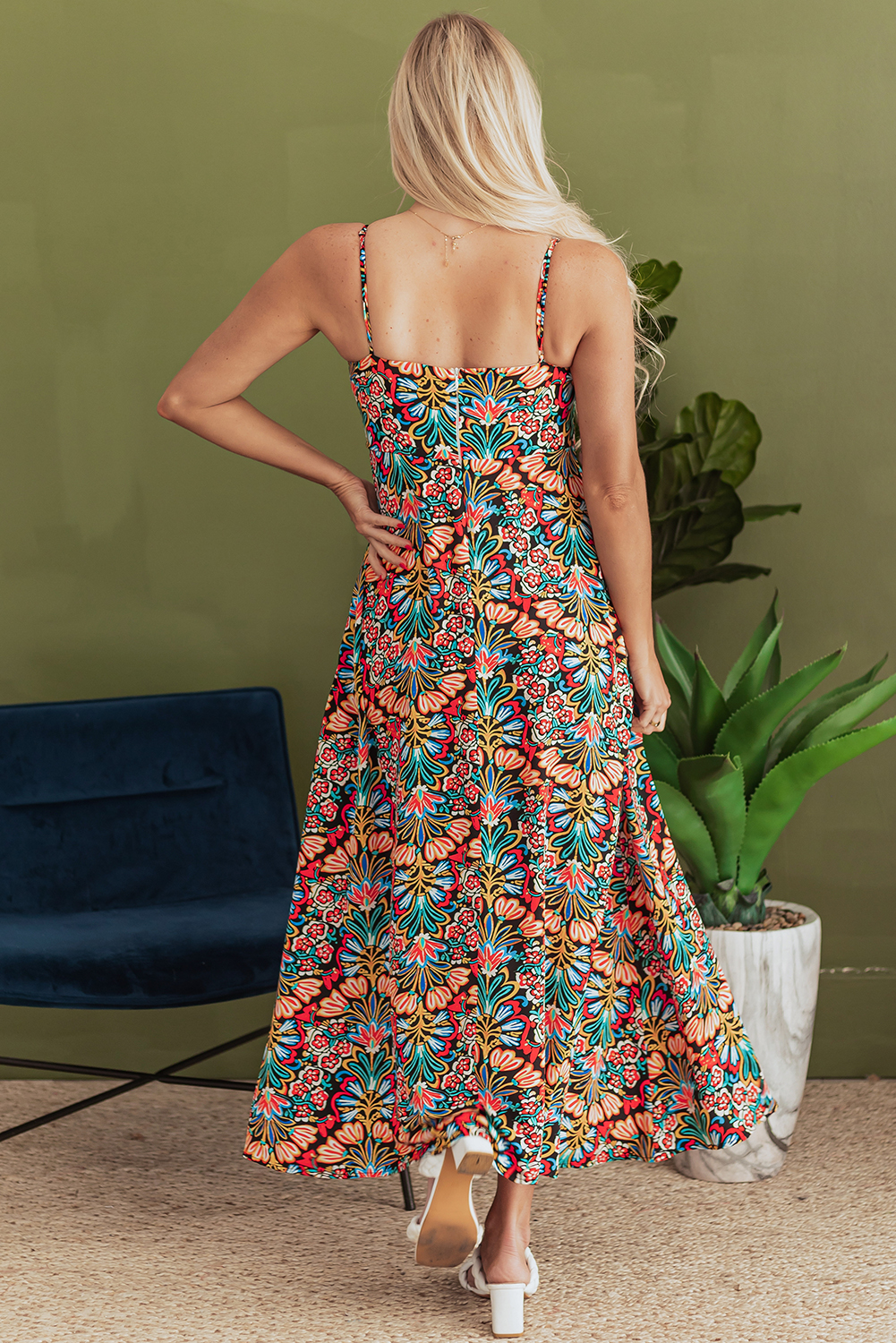Black Boho Floral Print Thin Straps Sleeveless High Waist Maxi Dress - Image 2