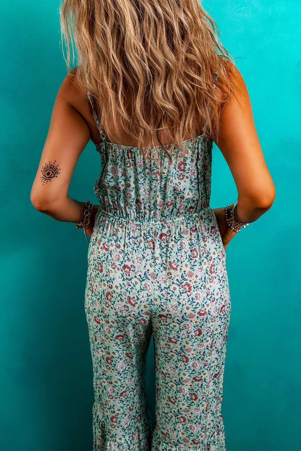 Green Bohemian Floral Ruffle Bottom Spaghetti Strap Jumpsuit - Image 7