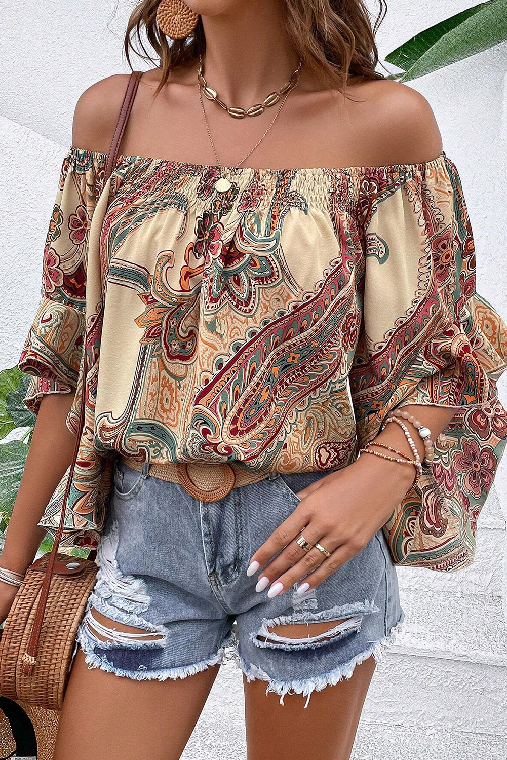 Apricot Paisley Printed Shirred Off Shoulder Ruffled Draped Sleeve Blouse - Image 7