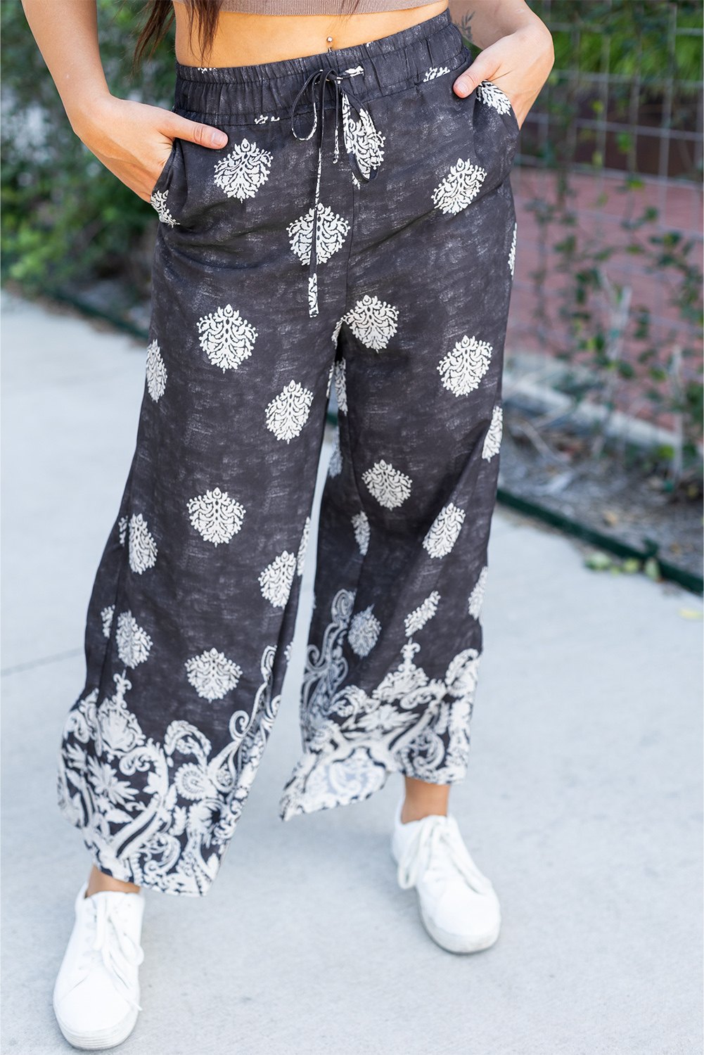 Black Bohemian Printed Drawstring Elastic Waistband Wide Leg Pants - Image 7