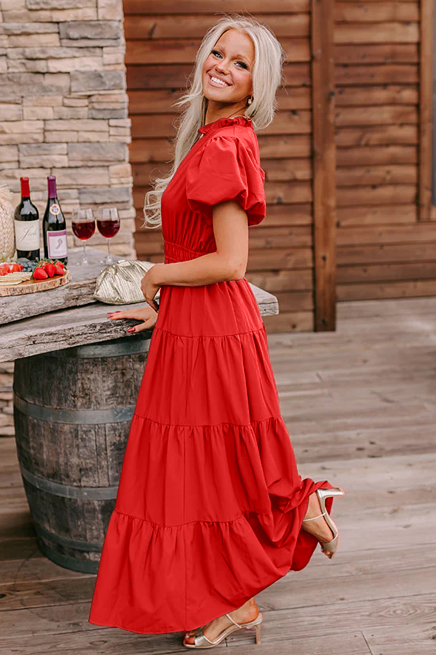 Gossamer Pink Solid Color V Neck Short Puff Sleeve High Waist Tiered Maxi Dress - Image 12