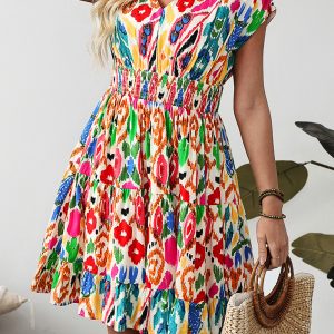 Sky Blue Abstract Print V Neck Dolman Sleeve Ruffle Tiered Mini Dress