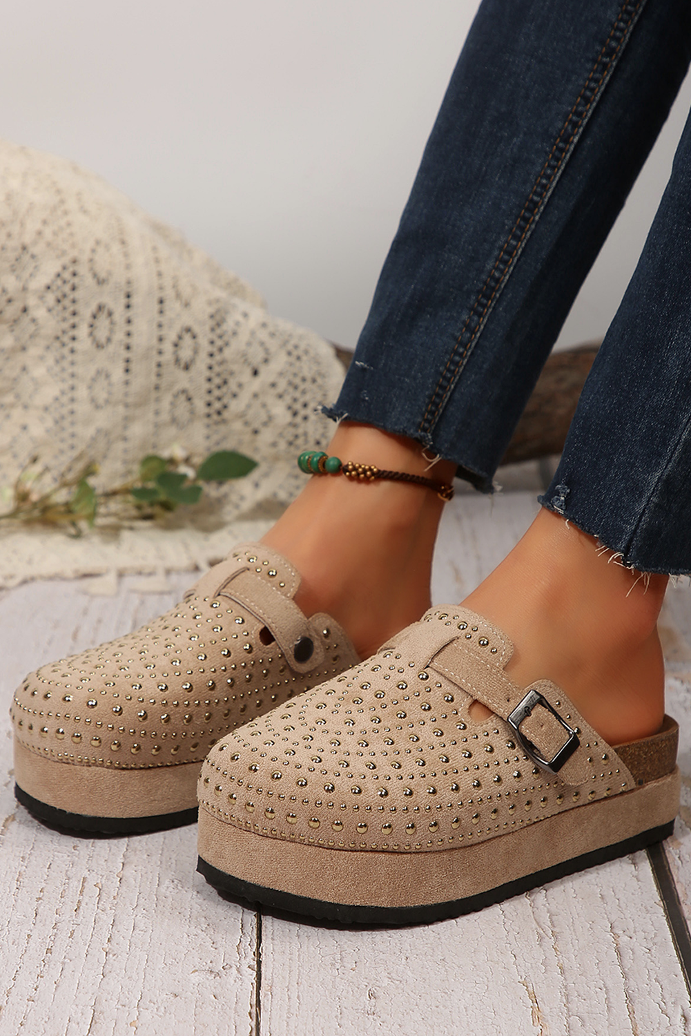 Parchment Rivet Buckle Closed Toe Platform Slippers - Image 8