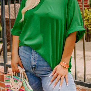Green Seamed Back High Low Hem V Neck Cuffed Sleeve Plus Size Tee