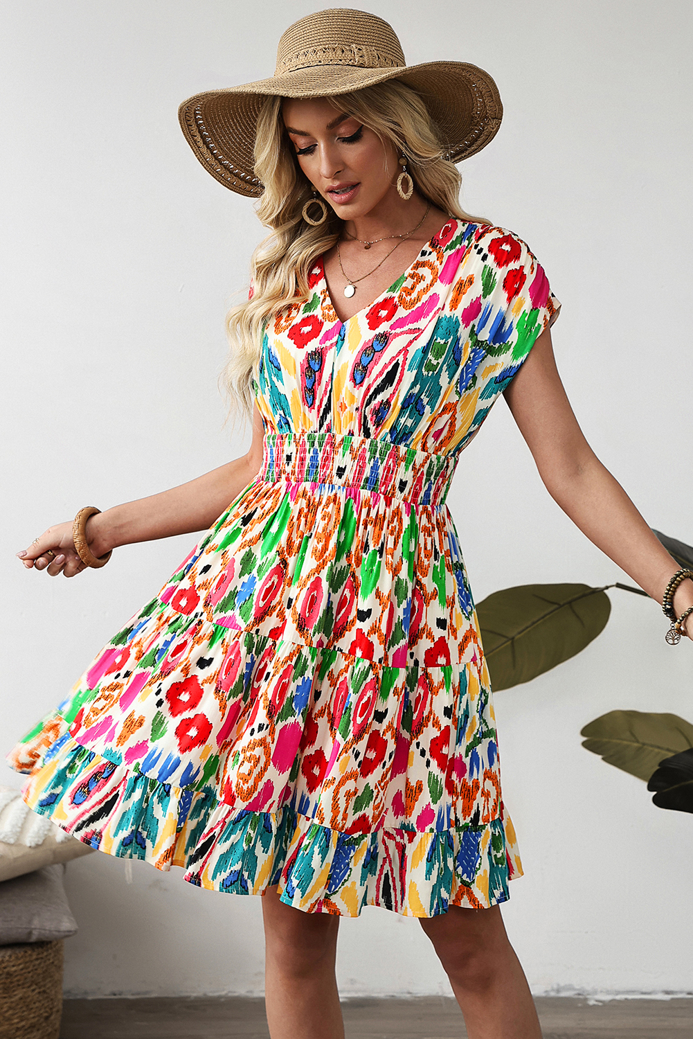 Sky Blue Abstract Print V Neck Dolman Sleeve Ruffle Tiered Mini Dress - Image 4